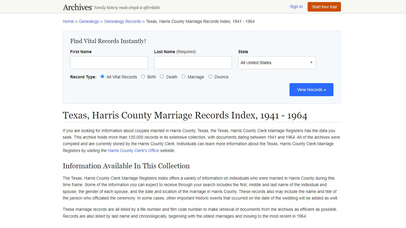 Texas, Harris County Marriage Records Index, 1941 - 1964 - Archives.com